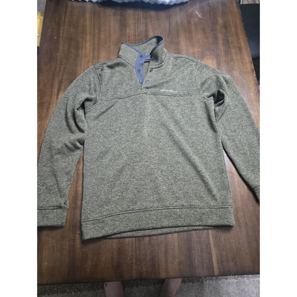 Eddie‎ Bauer Mens Medium Fleece Pullover Snap Button Quarter Snap Green Sweater